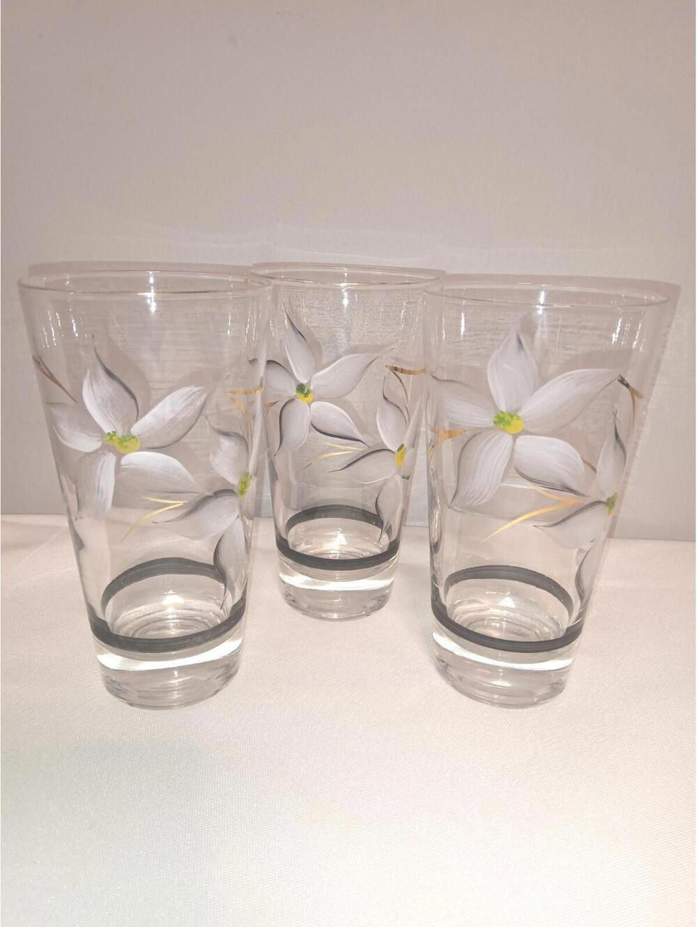 VTG Frangar Non Flectar Italy 3 Drinking Glasses White and Gold Cherry Blossom
